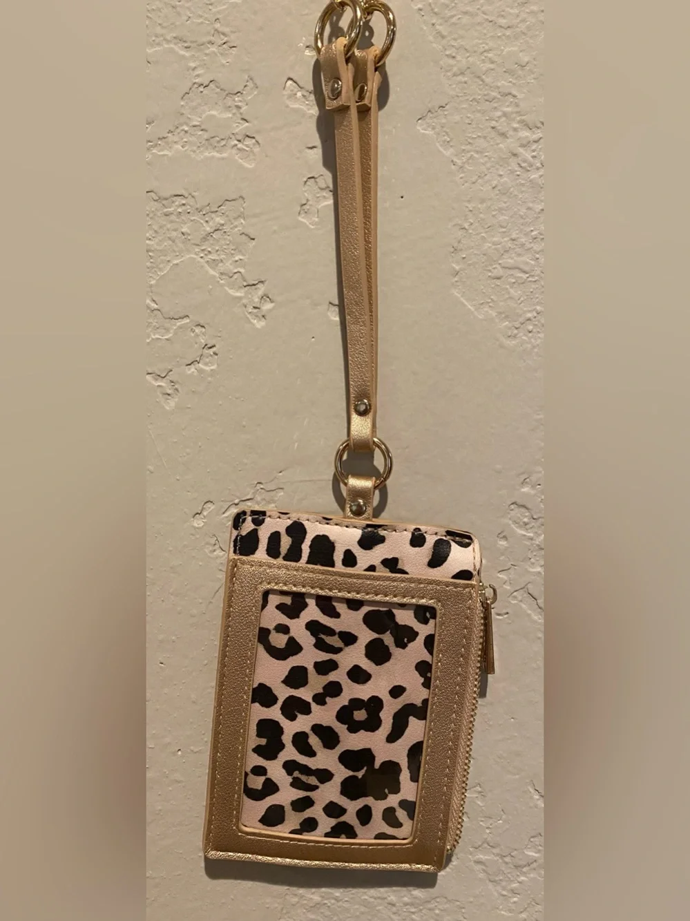Wristlet Card Holder Wallet on chain. ID window w/ zipper pouch. Leopard & gold.